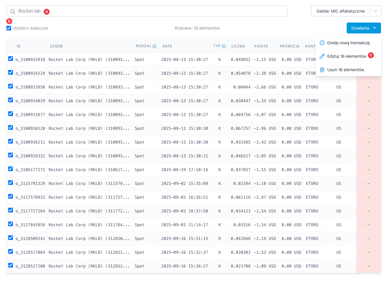 Zrzut ekranu przedstawiający zaznaczanie wielu transakcji w aplikacji PodatekGiełdowy.pl w celu zbiorczej edycji giełdy i kraju