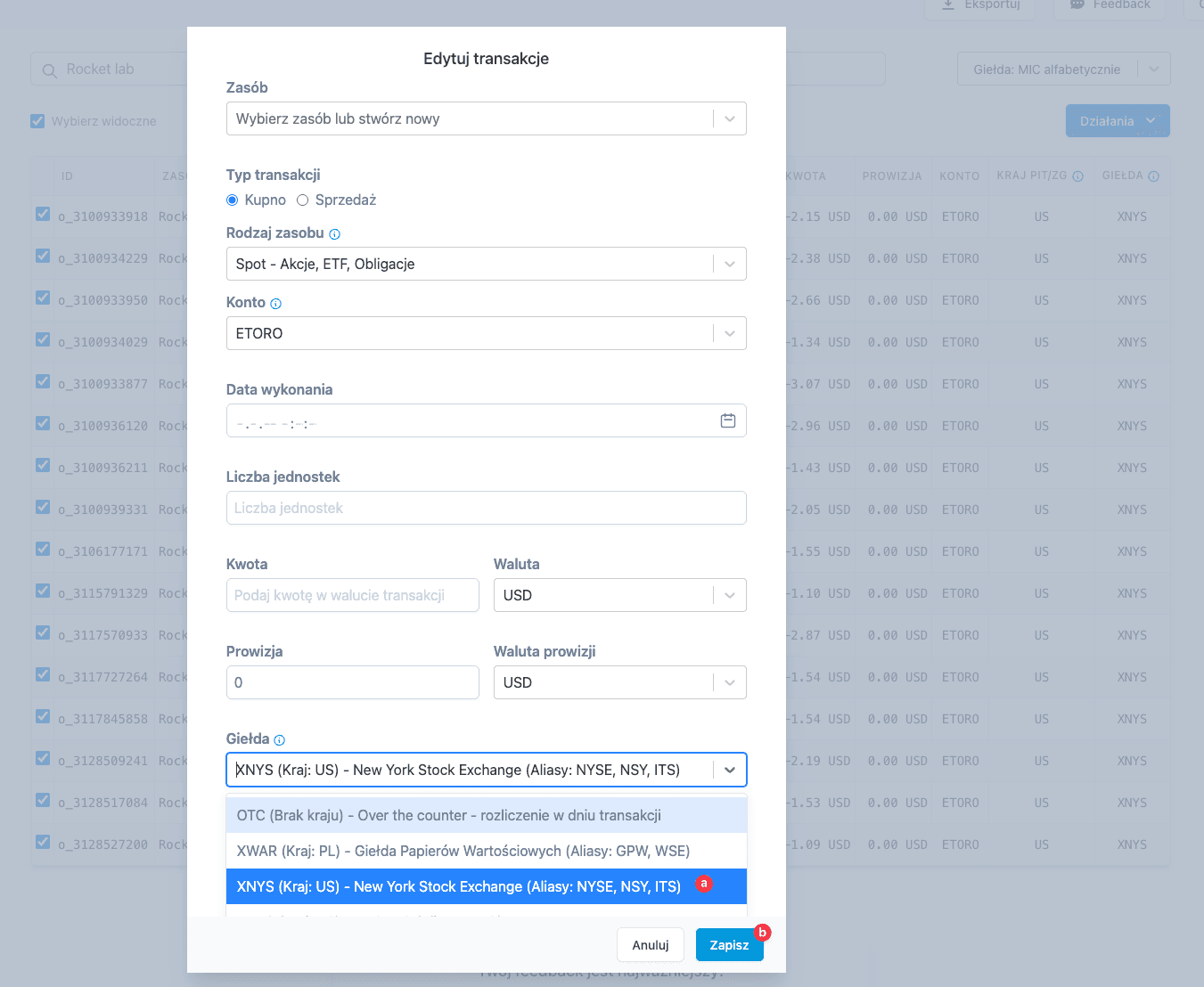 Zrzut ekranu formularza edycji transakcji w aplikacji PodatekGiełdowy.pl z wyszukiwarką giełdy i kraju według nazwy lub kodu MIC