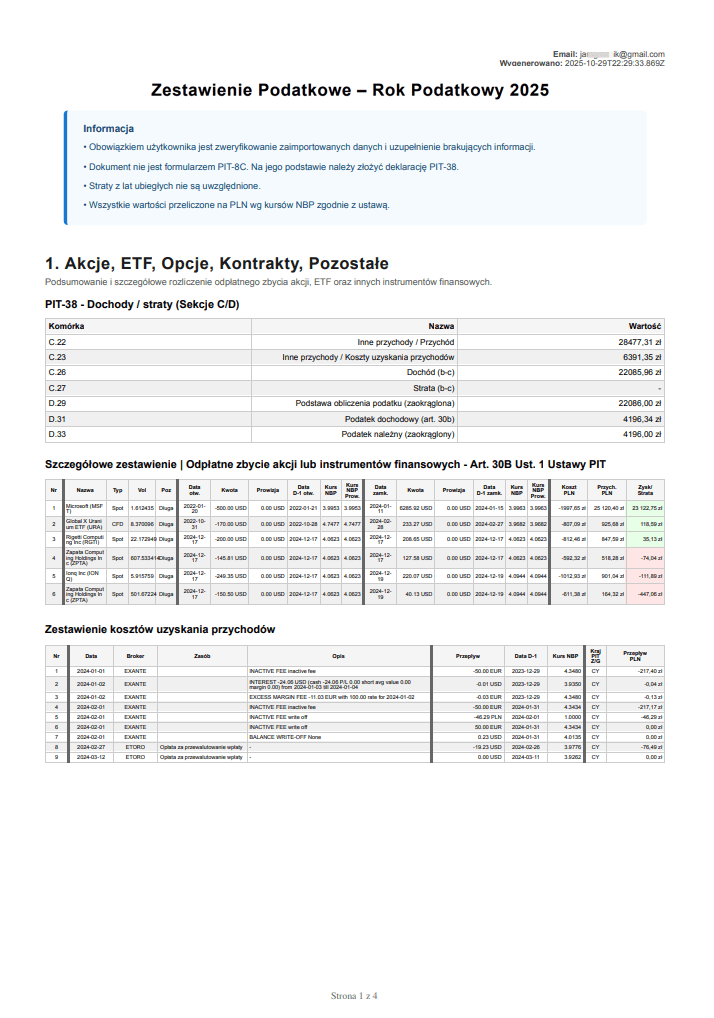 Podgląd rozliczenia Interactive Brokers w aplikacji PodatekGiełdowy.pl