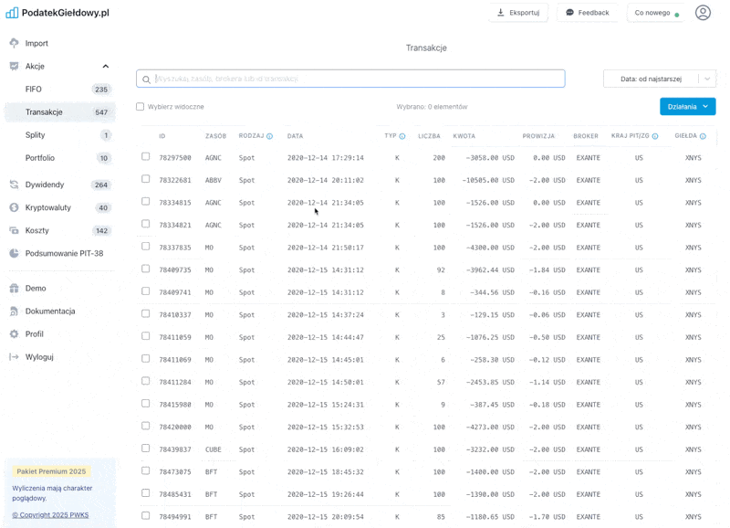 Edycja transakcji w kalkulatorze podatku giełdowego - kontrola nad każdą pozycją