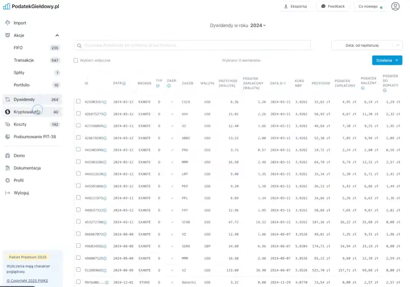 Dashboard kalkulatora podatku giełdowego - portfolio, dywidendy, FIFO i zysk po podatku