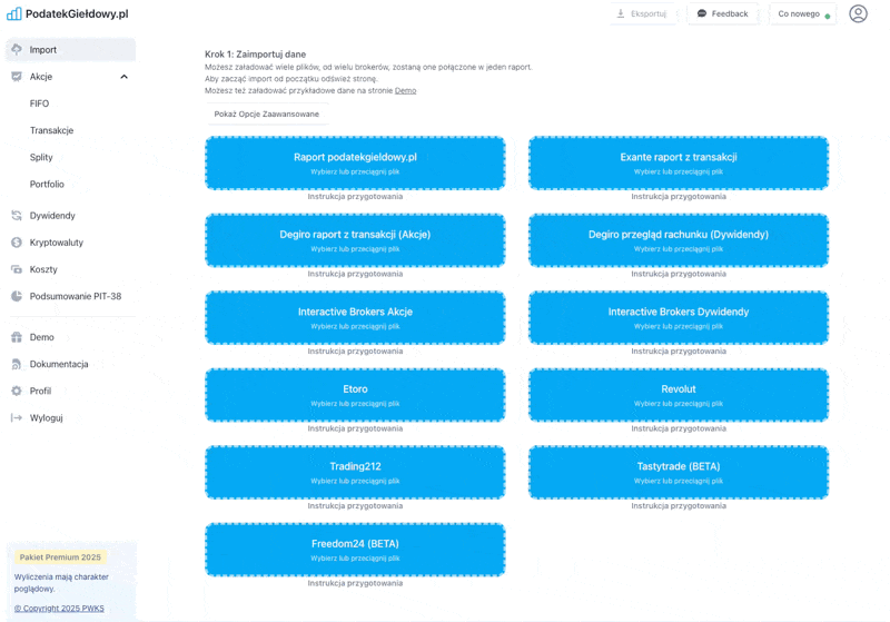 Dashboard kalkulatora podatku giełdowego - portfolio, dywidendy, FIFO i zysk po podatku