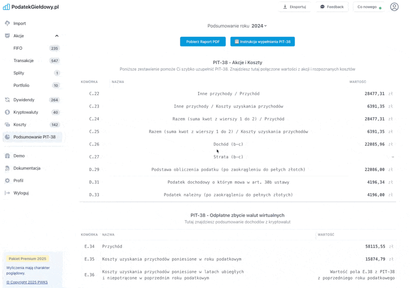 Raport PDF z kalkulatora podatku giełdowego - gotowy PIT-38 do rozliczenia
